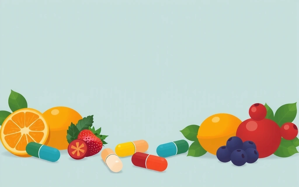 Illustrazione di diverse vitamine in capsule e frutti colorati