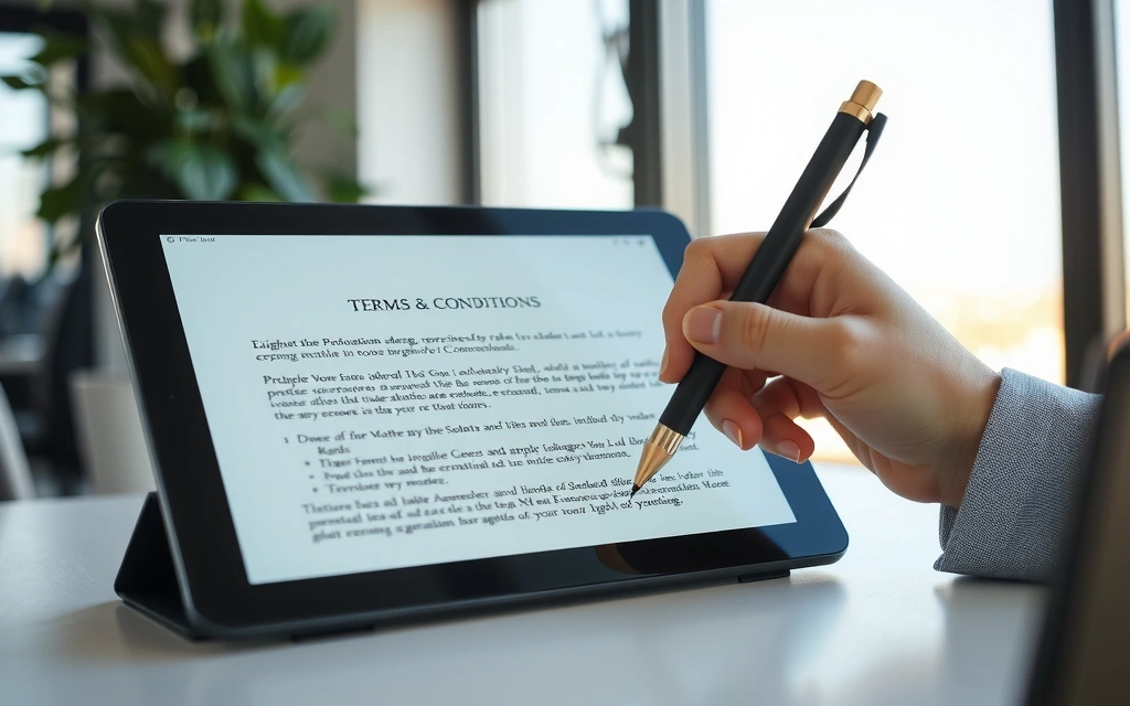 Mano che firma un documento legale su un tablet, simbolo di accordo sui termini e condizioni.